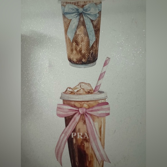 Designer Iced Coffee Art Canvas Glittery NWT bows Prada LV DIOR - Picture 2 of 5
